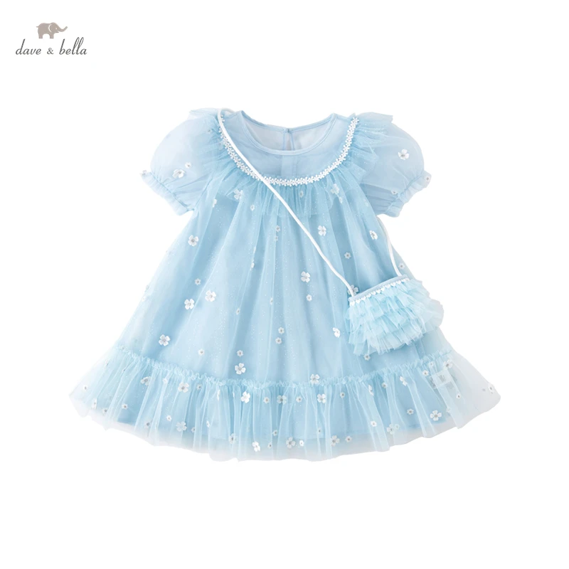 DB2235480 DAVE BELLA Summer Children Girls Fashion Water Droplet Buckle Light Blue Mesh Small Flower Decoration Princess Dress