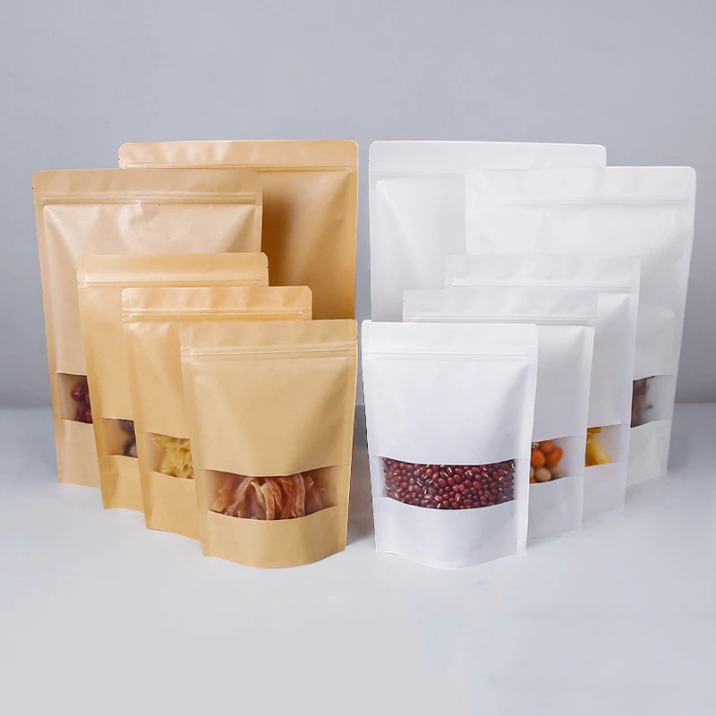 cereal packaging Matt lamination white bag Kraft paper pouch Zip Top Food Packaging Pouch Coffee Bags With partial window