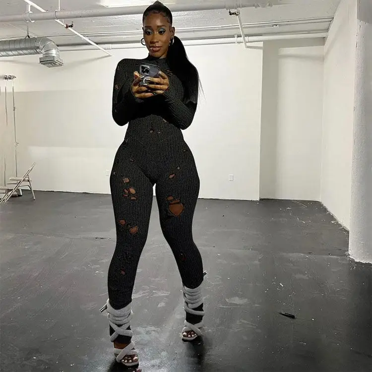 Autumn And Winter Tight Long Sleeve Jumpsuit New Fashion Ripped Back Strap Woolen Knitted Jumpsuits, Playsuits