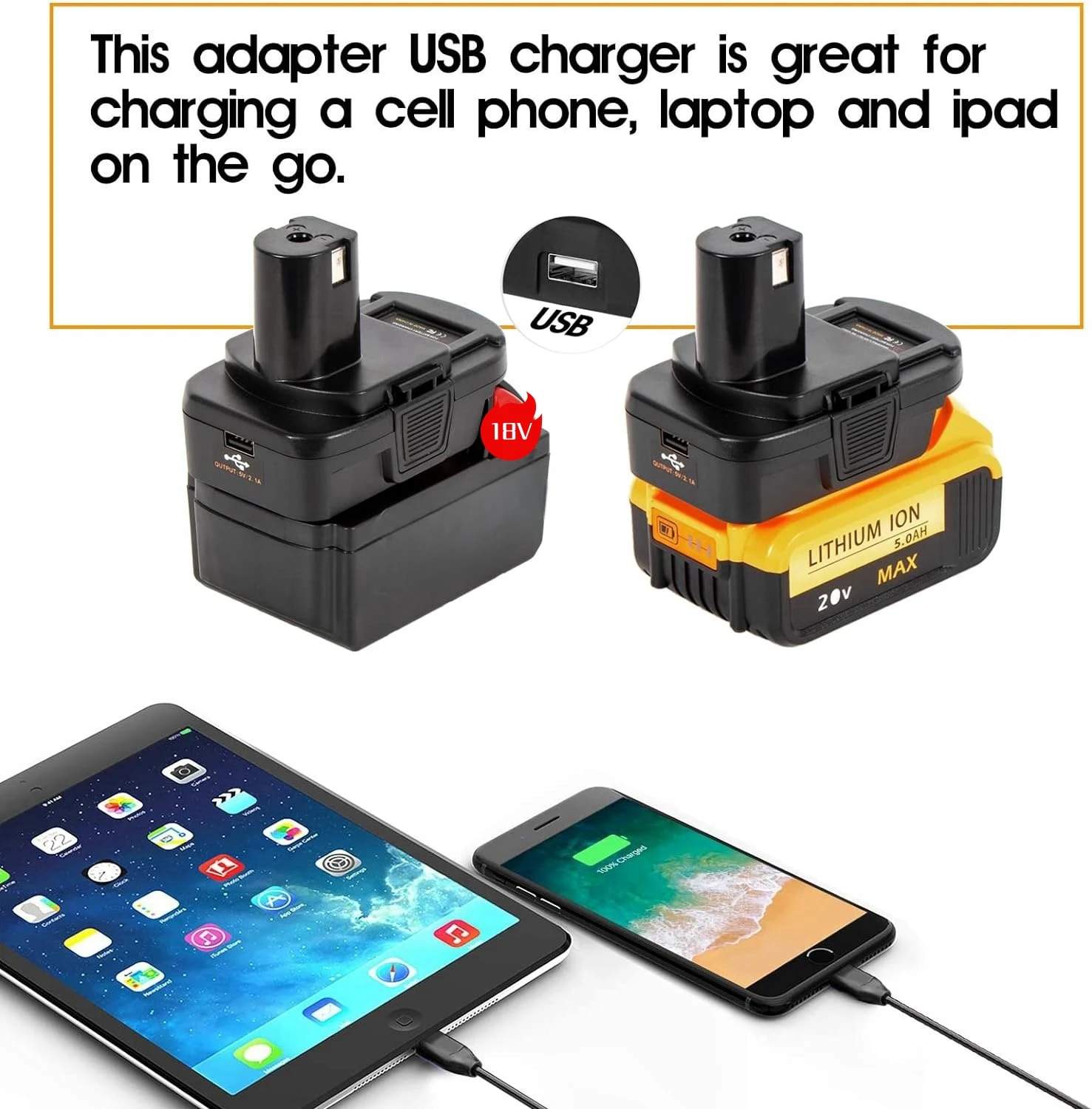 Adapter for Dewelt Milwauke 18V Battery Convert for Ryobi 18V Power Tools,Replace Lithium-ion Battery P108 ABP1801 with USB port