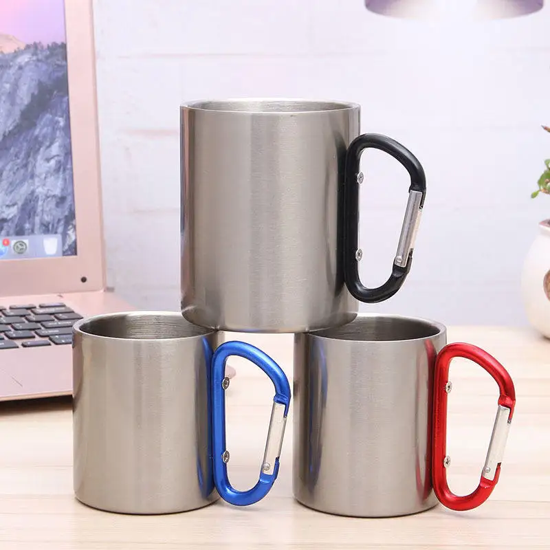 Wholesale Carabiner Camping Mugs 220ml Stainless Steel Outdoor Mug Metal Cup with Screwed Carabiner Handle Camping Mug