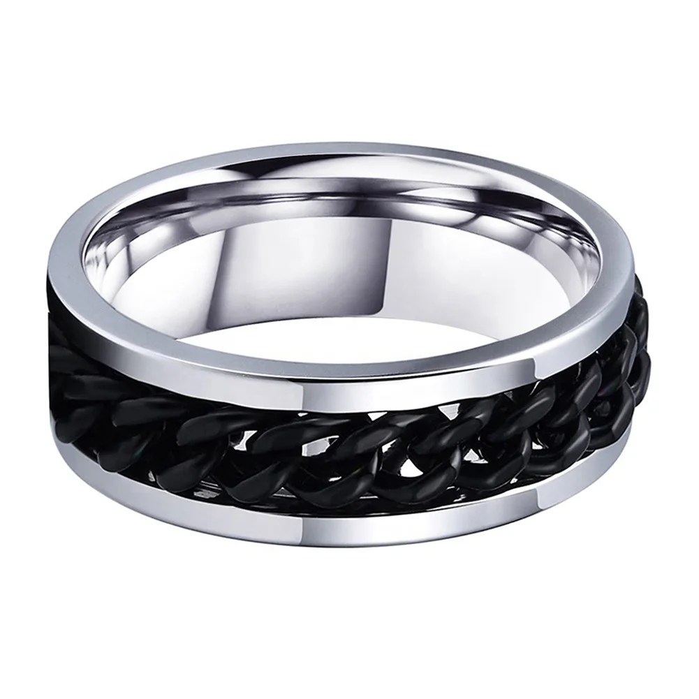 Coolstyle Jewelry 8mm Tungsten Spinner Anxiety Release Ring Men Women Black Steel Chain Inlay Fashion Engagement Wedding Band
