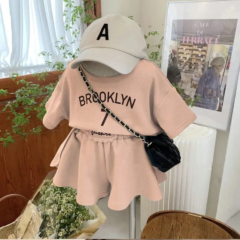 Girls Sports Suit 2023 New Short Sleeve Solid Color Letter T-shirt Top High Waist Culottes Two Pieces Summer Children Clothes
