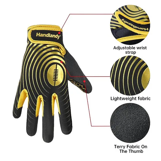 HANDLANDY Youth and Adult Black and Gold Stretch Fit Sticky Wide Receiver Grip Custom Football Gloves For Kids
