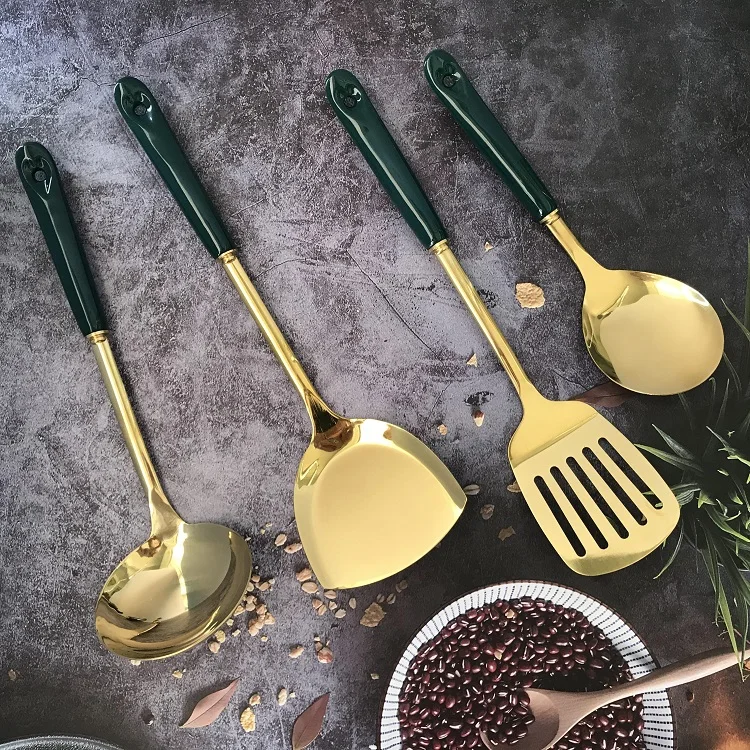 Hot Sale Luxury Utensil Set Kitchenware 7pcs Stainless Steel Kithchen Set Gold Plated Cookware Ceramic Handle Utensil Set