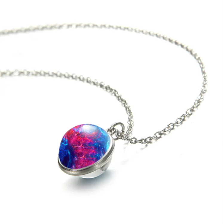 Fashion Double Sided Glass Ball Necklace Solar System Universe Starry Sky Pendant Electroplating Alloy Time Gemstone Necklace