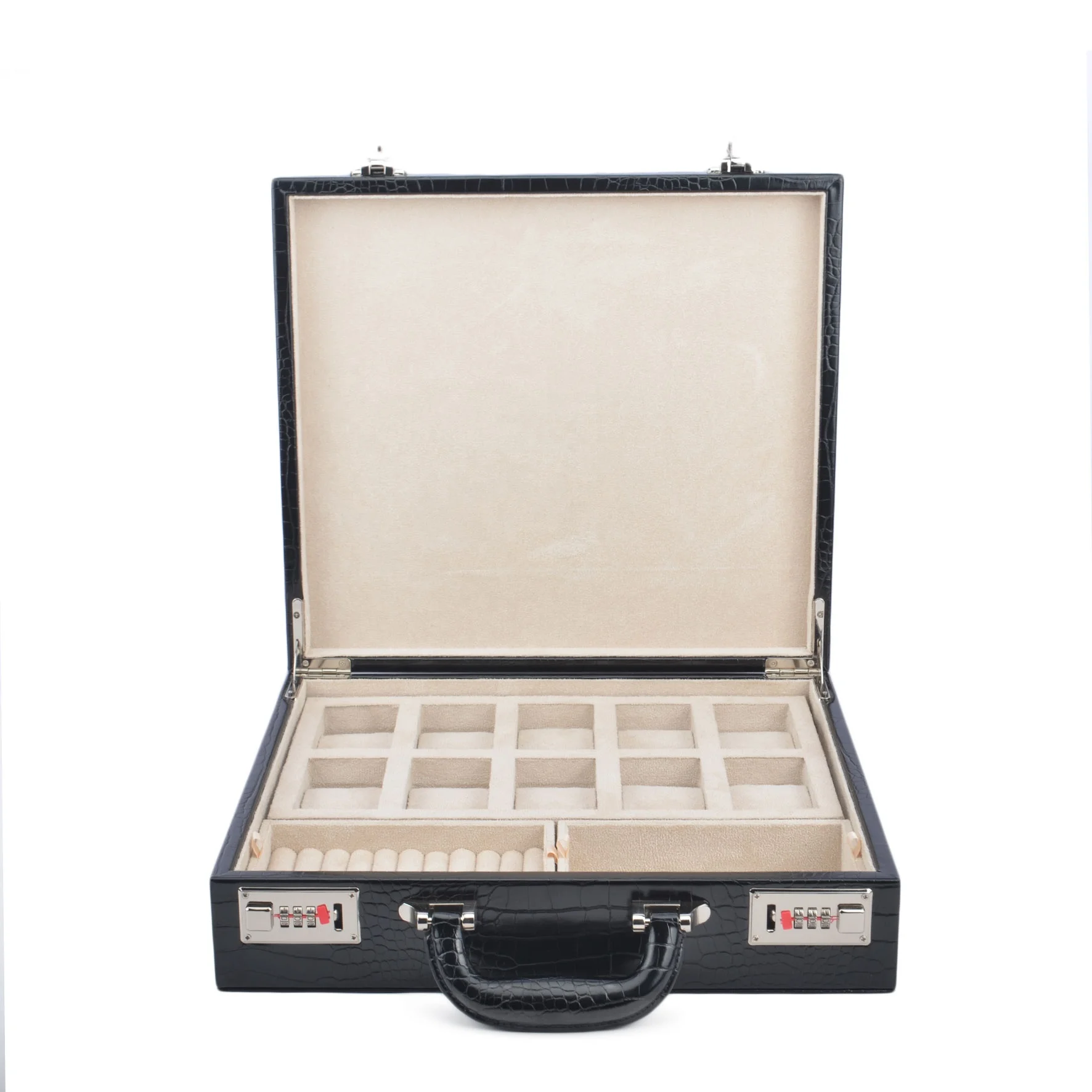 Luxury Black Alligator Crocodile PU Leather 10 Slot Watch Jewellery Briefcase Watch Packing Display Storage Organizer Box