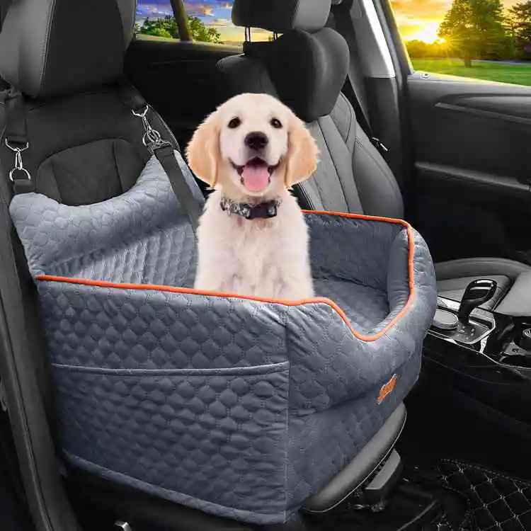 Gray Dog Car Seat Carry Bed Portable Pet Dog Waterproof Booster With Safety Leash