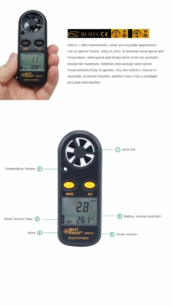 Air Flow Meter Mini Design Temperature Wind Speed Air Meter Anemometer
