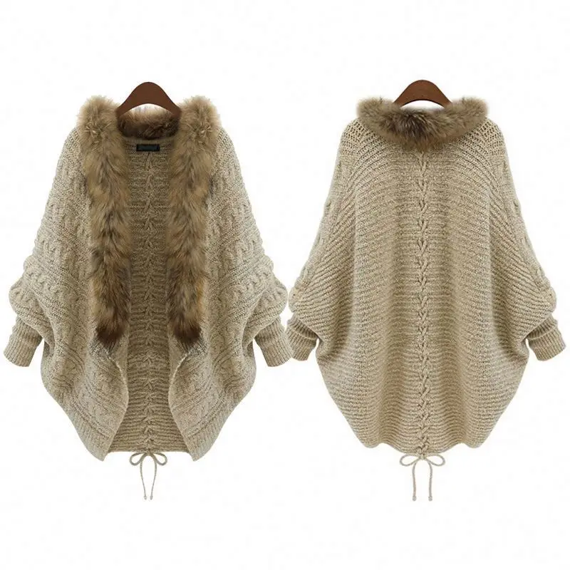 New Fashion Women European Style Fur Collar Bat Sleeve Knitted Cardigan Shawl Coat Winter Sweater