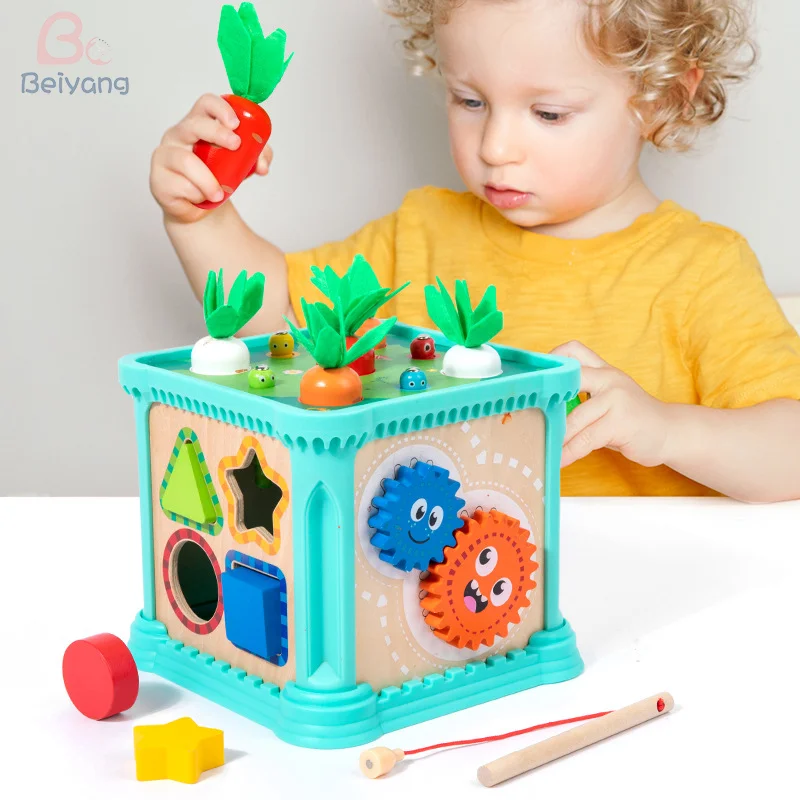 New 6 In 1 Multipurpose Educational Sensory Toy Shape Recognition Wooden Activity Cube Early Education Learning Toys