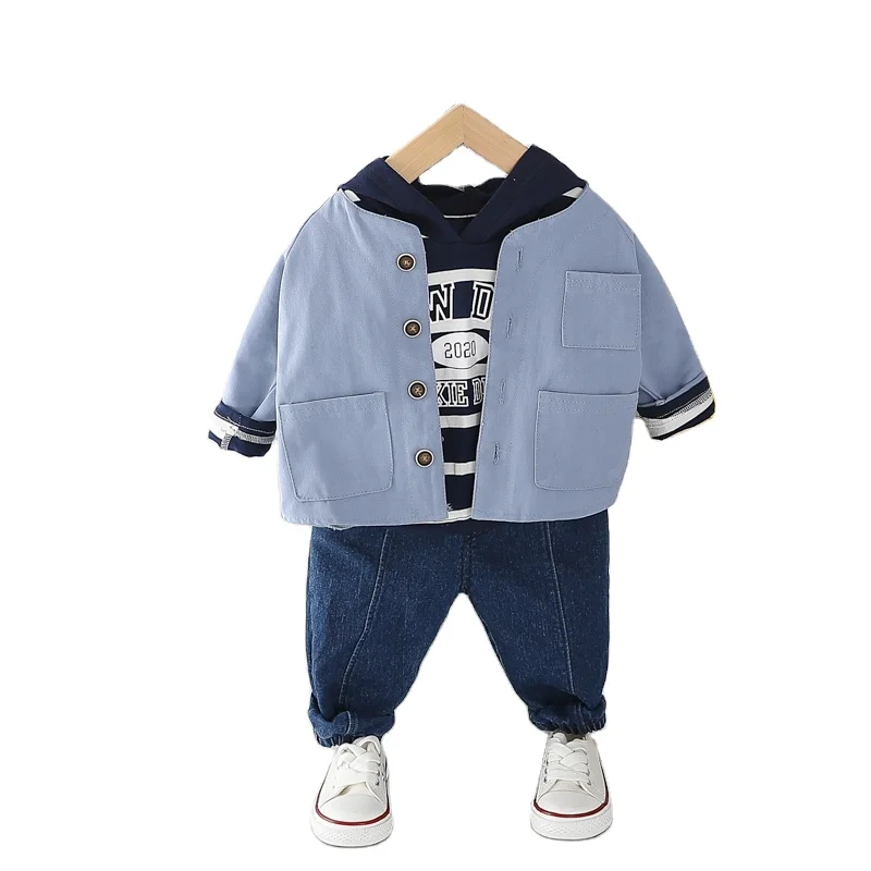 
New Design 2020 Spring Baby Boy Letter Stripe Hat Casual Three Pieces Set Baby Girl Coat 