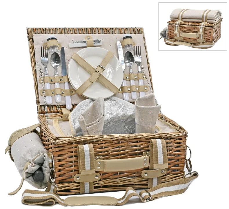 Factory Direct Picnic Basket Set with Insulated Liner and Waterproof Picnic Blanket Wine Bag Large Wicker Picnic Basket