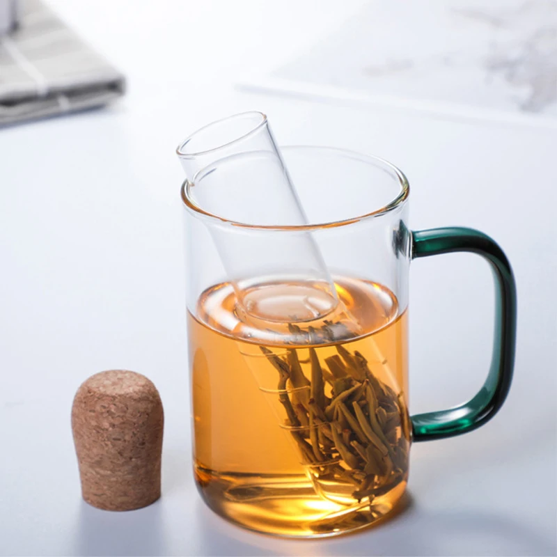 Custom Clear Borosilicate glass Tea Strainer With Cork Lid Glass Tube Tea Infuser