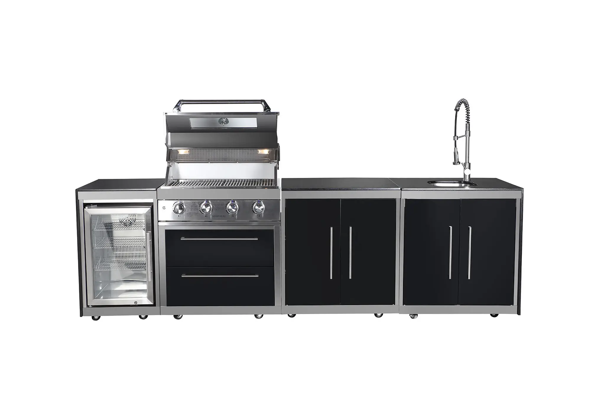 Black Stainless Steel 4 Burner Outdoor BBQ Kitchen With Refrigerator And Sink For Outdoor Grilling
