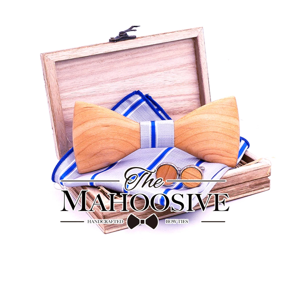 3D Wooden Bowknot for Wedding Party Black Walnut Bow Tie Cufflinks Pocket Square Set with Wood Gift Box