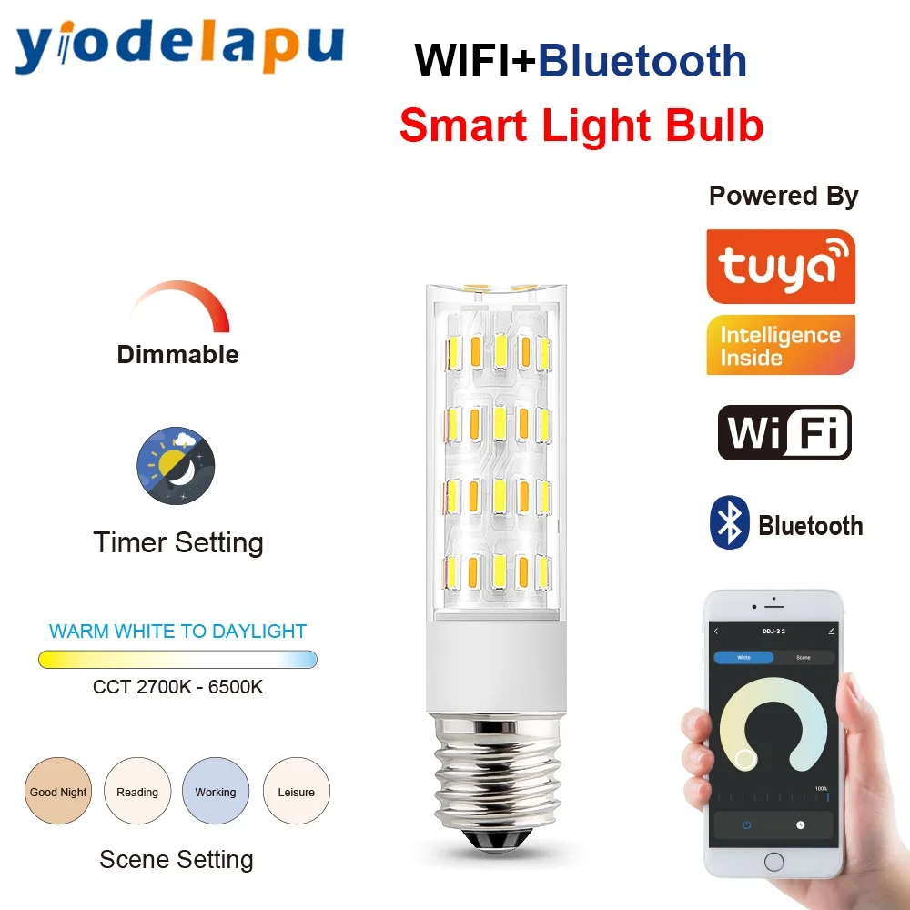 110V 220VAC Tuya Wi-Fi 2700-6500K dimmable Smart E11 E12 E14 E17 Led bulb work for alexa google control By APP or voice