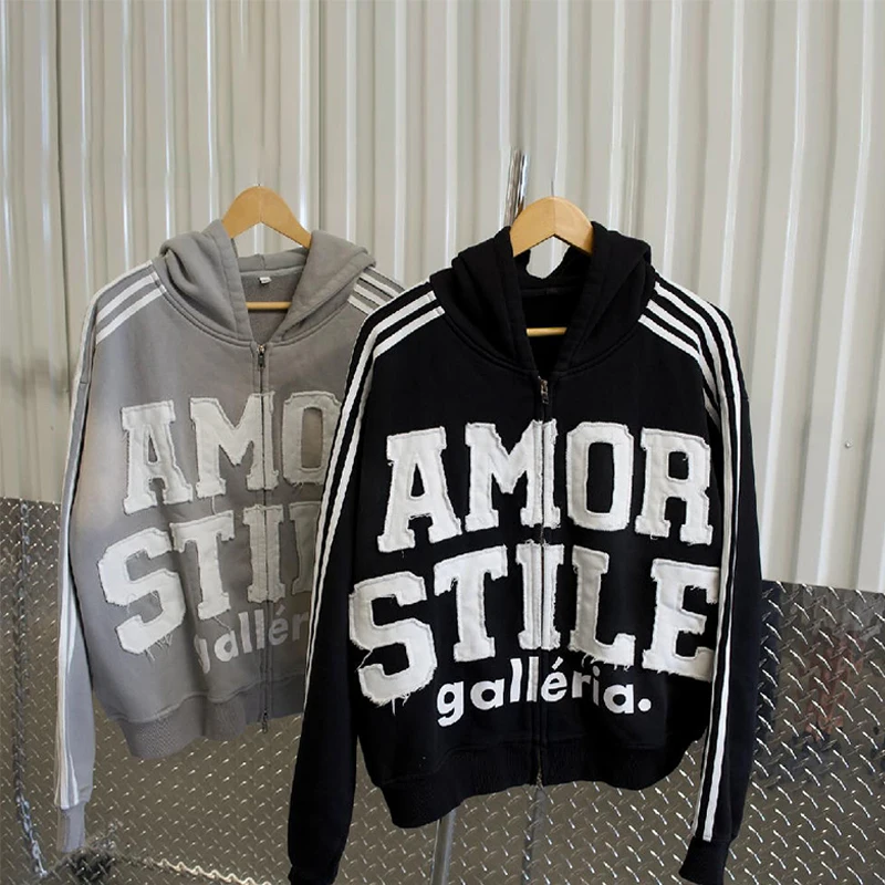 Custom Distressed Patch Embroidery Vintage Acid Wash Sweatsuit Hoodie And Straight Leg Flared Sweatpants Track Suit For Men