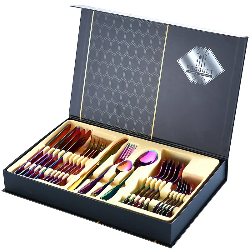 Stainless Steel Restaurant Golden Spoons And Forks Besteck Flatware Premium 24pcs Cutlery Set In A Box