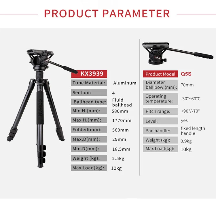 Coman 1.8M favorable KX3939  aluminum Universal  tripod for wholesale factory supply