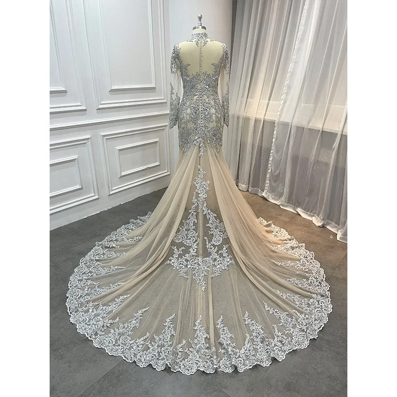 Noblebride Modest Heavily Beaded Wedding Dresses Custom White Sparkly Beaded Luxury Mermaid Long Sleeve Wedding Dress