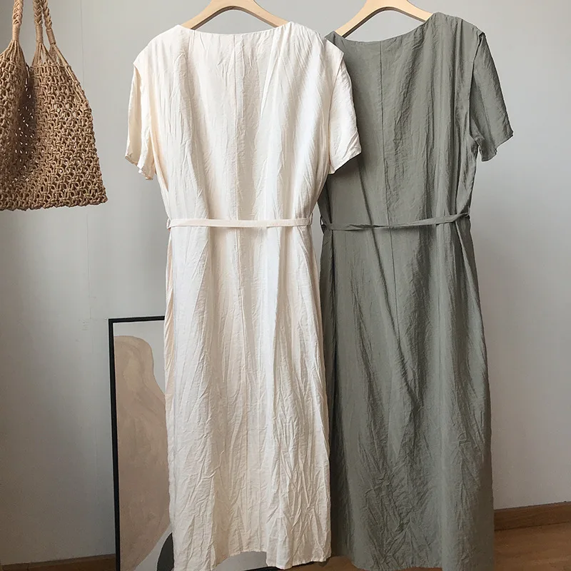 Korean Style Round Neck Solid Color Short Sleeve Dress Classic Cotton Blend Homewear Casual Dress