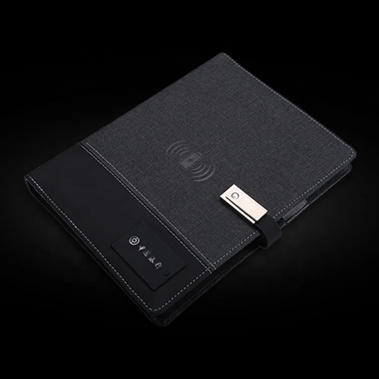 A5 custom brand PU leather notebook with power bank wireless charging USB driver.