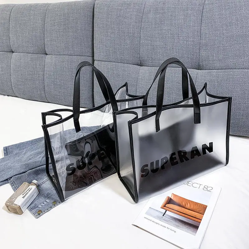 Custom logo luxury women female PU leather handle PVC transparent shopping shoulder tote bag