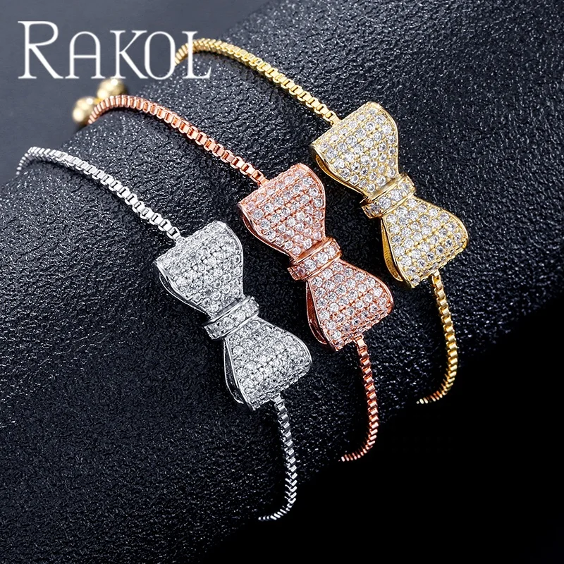 RAKOL BP2034 New Fashion real 18k gold plated AAA zircon bowknot bridal wedding charm bracelet jewelry for women free shipping