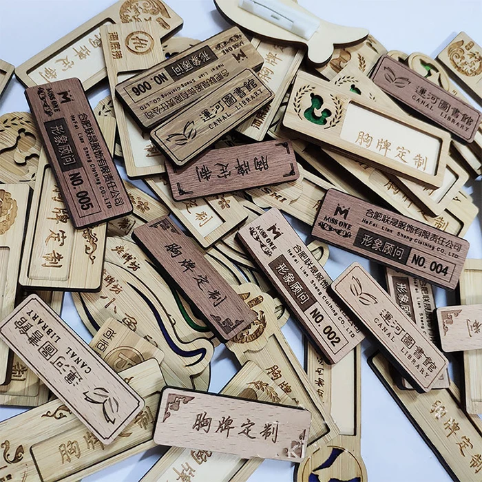 Small MOQ Custom Print Engraved Wooden Name Tag Badge for Office Worker