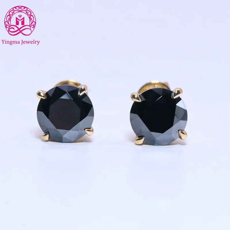 Yingma Jewelry Moissanite Diamond Earrings 1CT X 2 14K Yellow Gold Black Stud for Gift