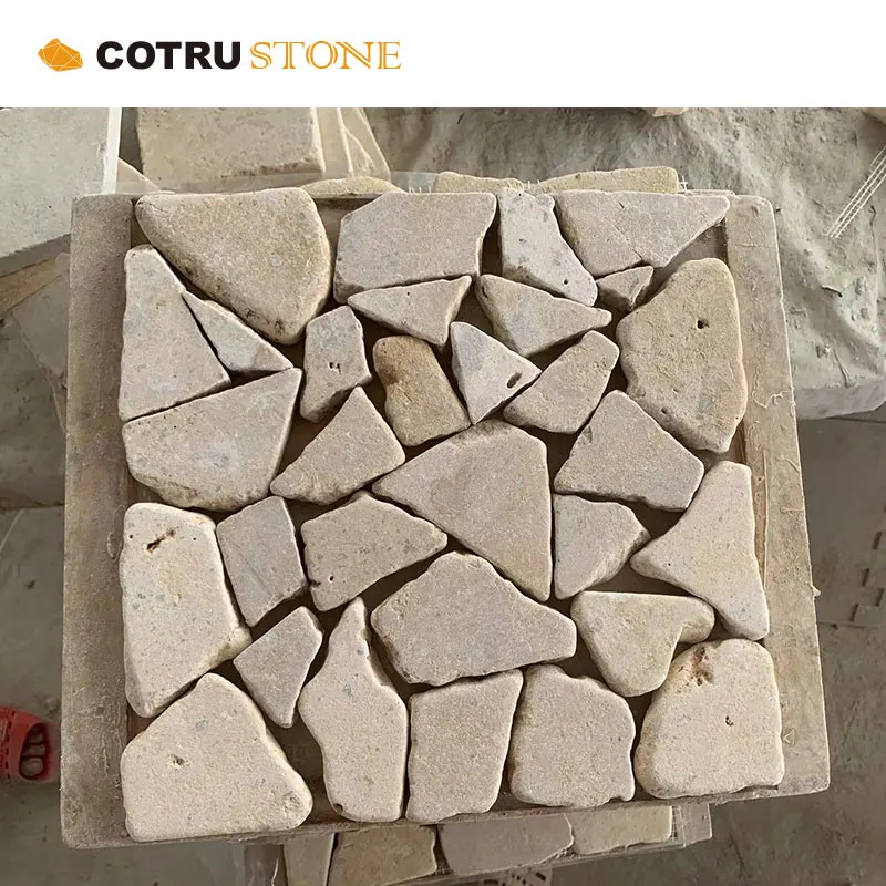 China Gold Colour Natural Roman Beige Limestone Random Shape Mosaic Tile Indoor Wall Floor Paver Honed Tiles