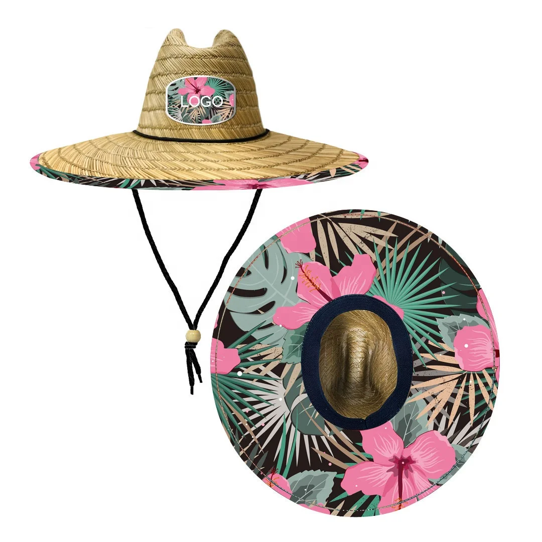 wholesale bottom print wide brim straw beach sun lifeguard weave custom logo hawaiian straw hat