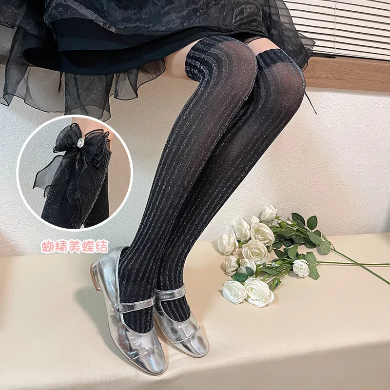 Wholesale Gold silver silk knee high pile socks women fashion socks with ribbon long tube stockings