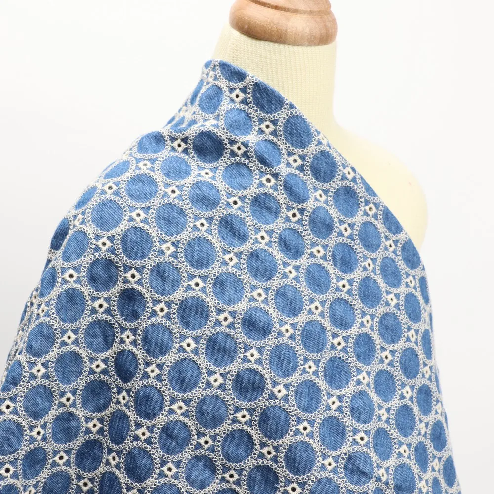 2021 Wholesale Latest Blue 100% Cotton Eyelet Denim Embroidery Lace Fabrics Clothing