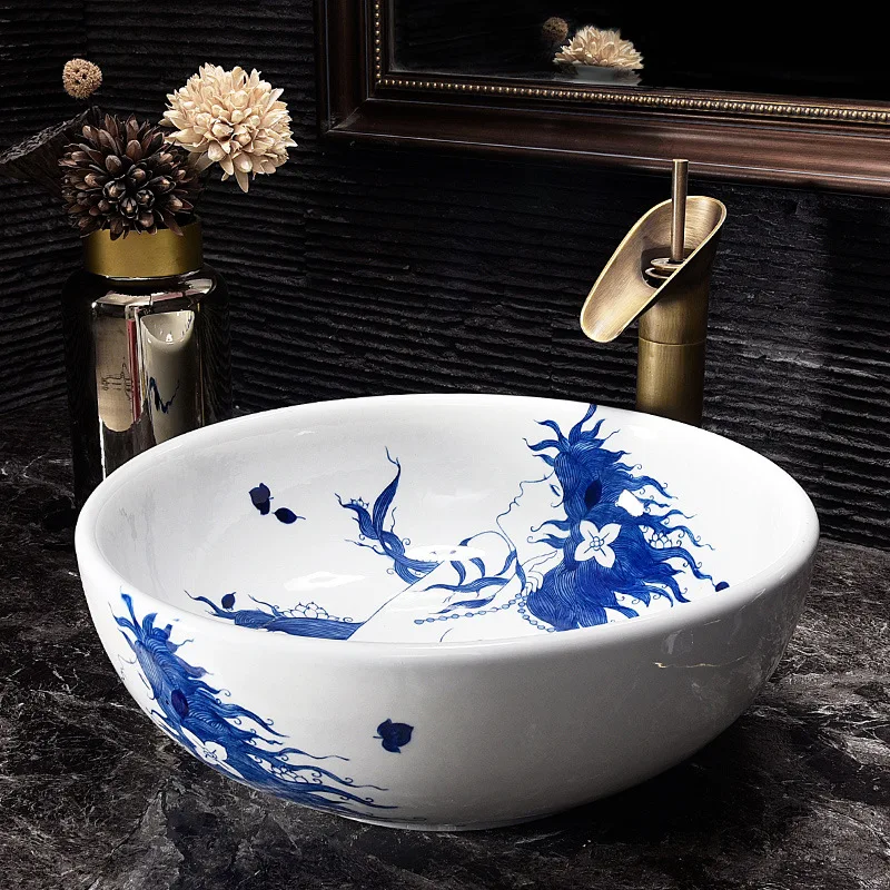 Artistic Europe Style Mermaid Counter Top porcelain wash basin bathroom sinks ceramic lavabo hand wash sink