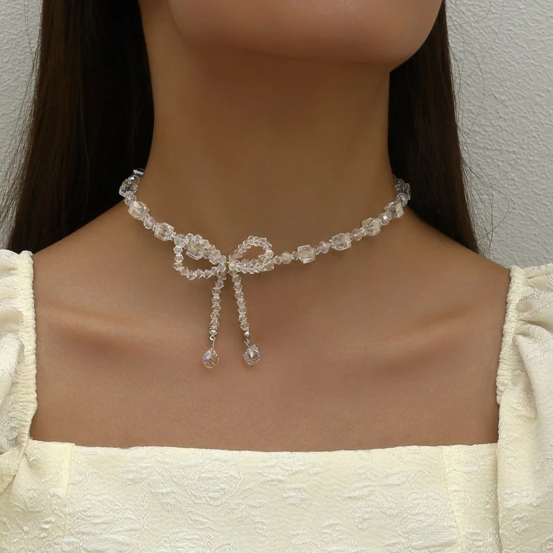 Summer Fashion Jewelry Crystal Beads Bowknot Pendant Necklace Bow Necklace for Women Transparent Choker Necklaces Wholesale