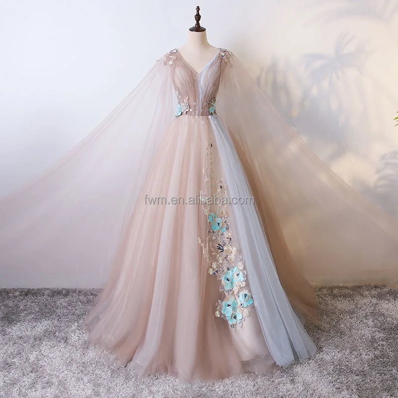 Custom Made A-line 2 Colors Tulle Tiered Evening Party Dress with Long Shawl Applique V-neck Bride Gown for Women
