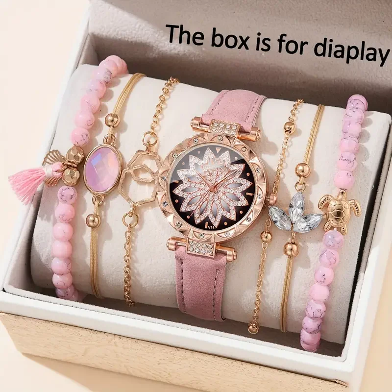 192045  7pcs Quartz Watches For Women Pu Leather Wrist Watch Alloy Pointer Jewelry Set