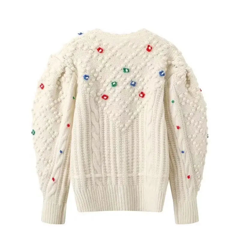 Trend Vintage Solid Graphic Pattern 3D Flower Long Sleeve Hand Knitted Embroidery Autumn Woman Clothes Cardigan Sweater Crochet