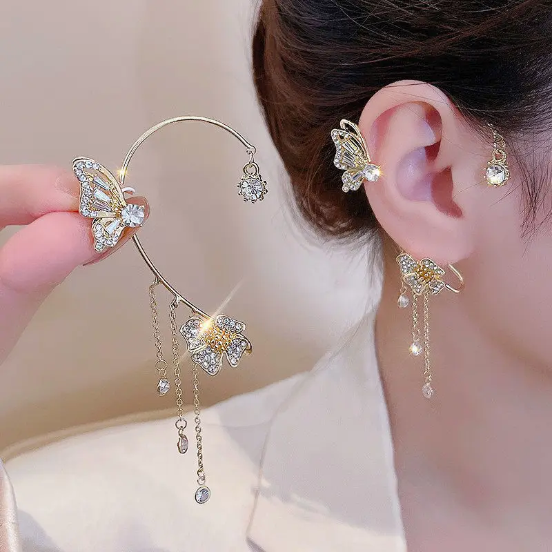 Wholesale Butterfly Flower Tassel Ear Bone Cuffs Earrings Zircon Rhinestone No Piercing Ear Cuffs Earrings Jewelry