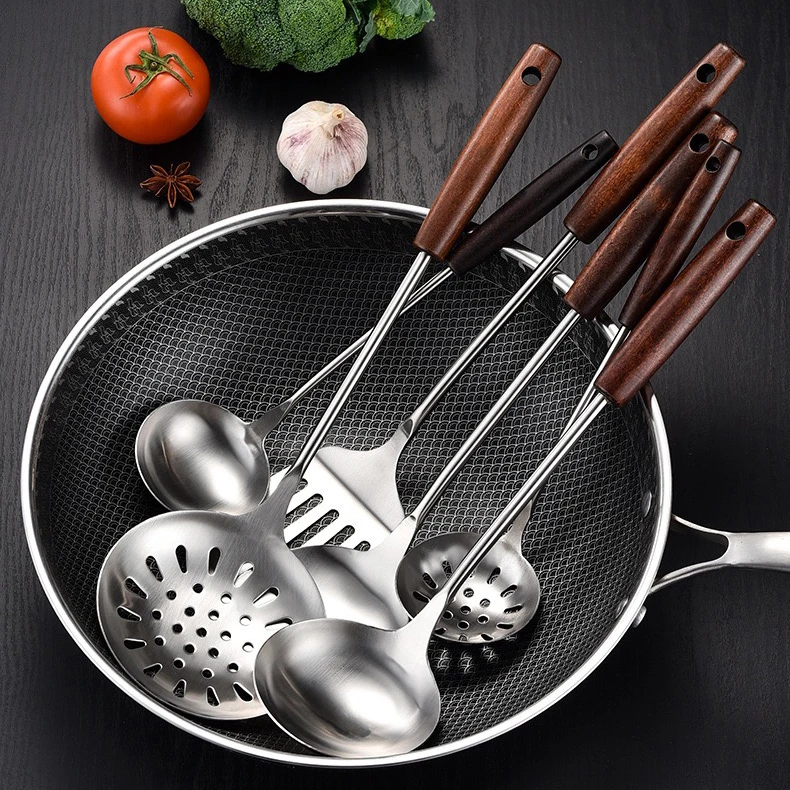 Роскошные аксессуары для деревянной ручки деревянная кухонная утварь из нержавеющей стали наборы инструментов оптом
