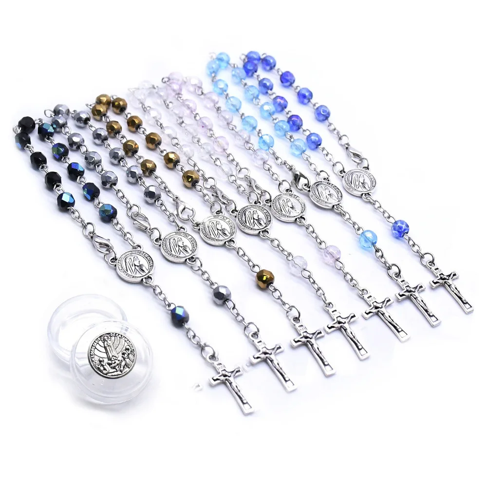 Fatima Crystal Rosary Bracelet Jesus Cross Religious Jewelry With Box For Men Women