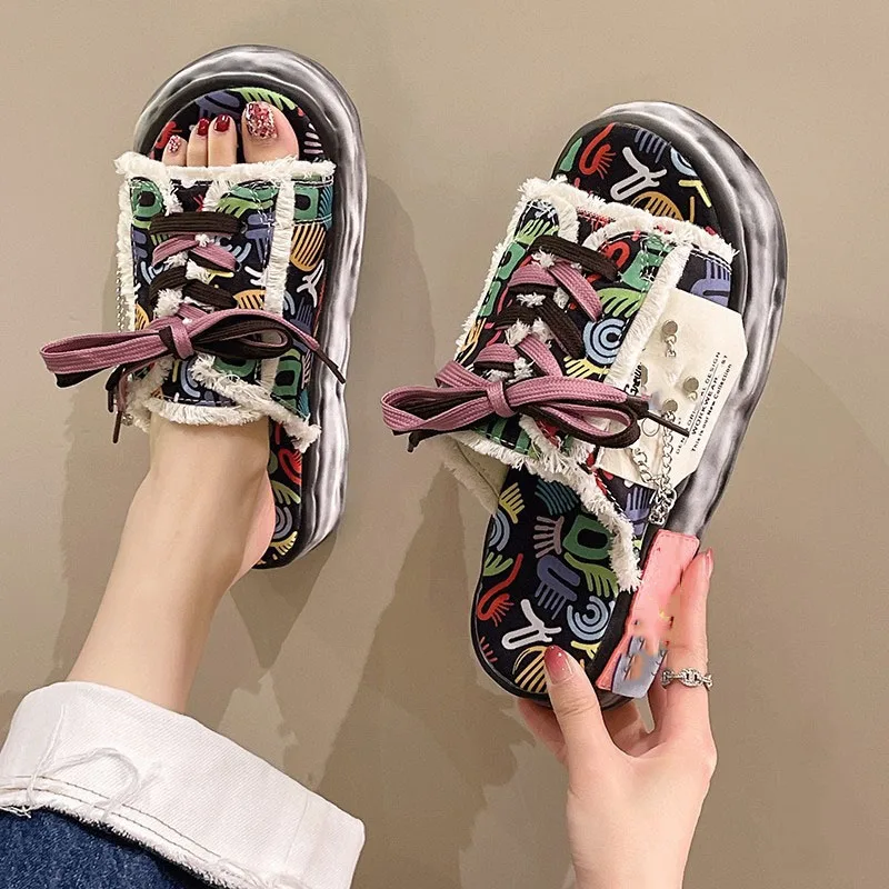 Hot Selling Shoe String Canvas Chains Smiley Clogs Fashion Lace-up Platform Sandals For Women Indoor Outdoor Platform Slipper