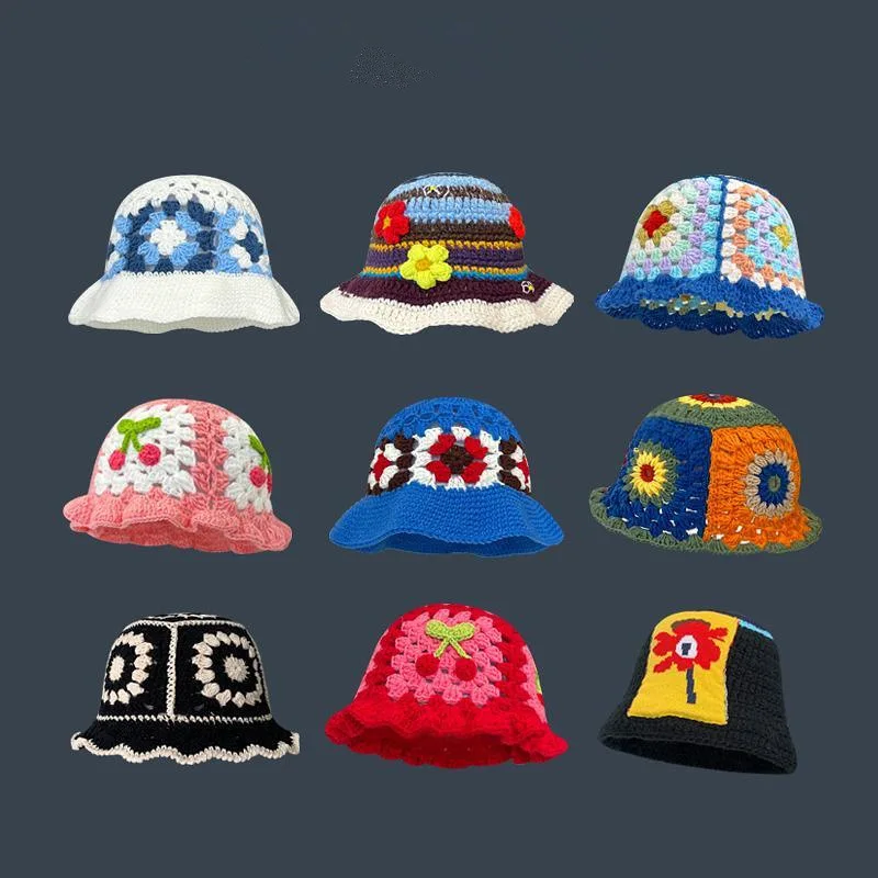 Wholesale vintage flowers hand-knitted fisherman hat women sweet hollow flowers crochet bucket hat