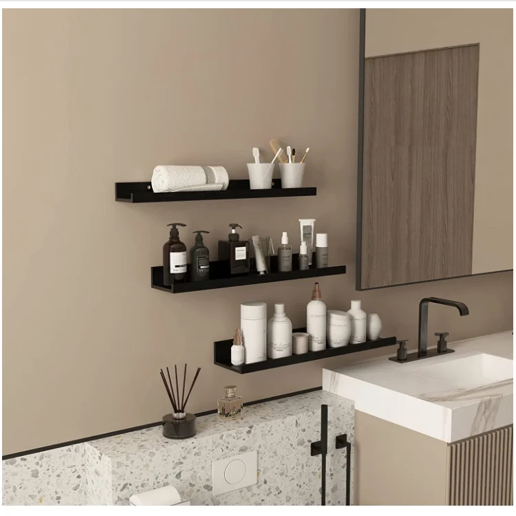 Set of 3 floating shelves living room office photos organizer black wall shelf wood