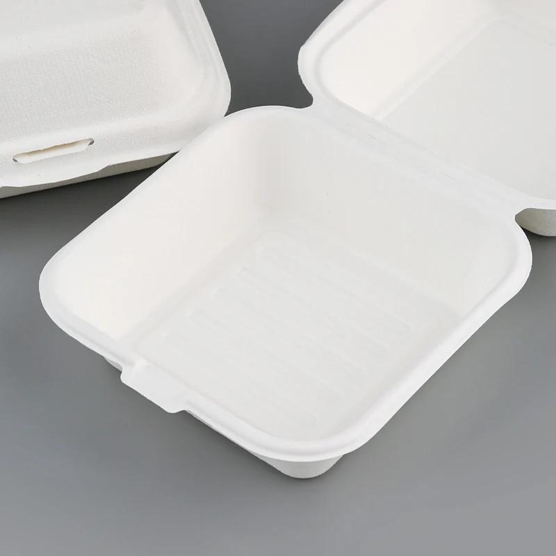Compostable Eco Fast Food Packaging 6 Inch Flip Top Takeout Paper Container Disposable Bagasse Burger Box
