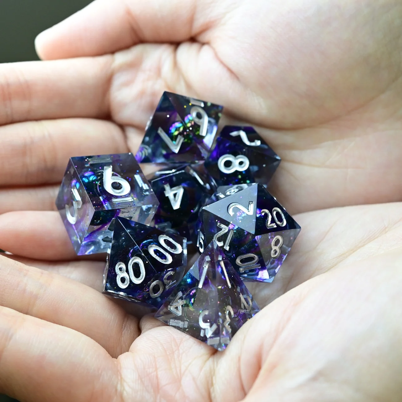 Swirl Polyhedral Space Glitter Purple Cosmic Planet Divination 7pcs Dice Set Transparent Glitter Resin Sharp Edge DND RPG Dice