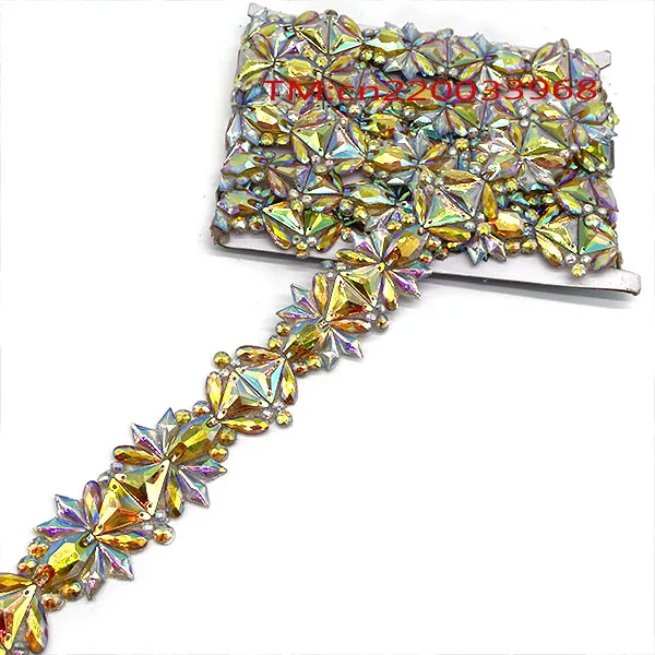 Gold Resin Crystal Stone Trimming Iron On Shoes Clothes Bag Colorful Rhinestone banding chain Hotfix Transfer Tape Applique