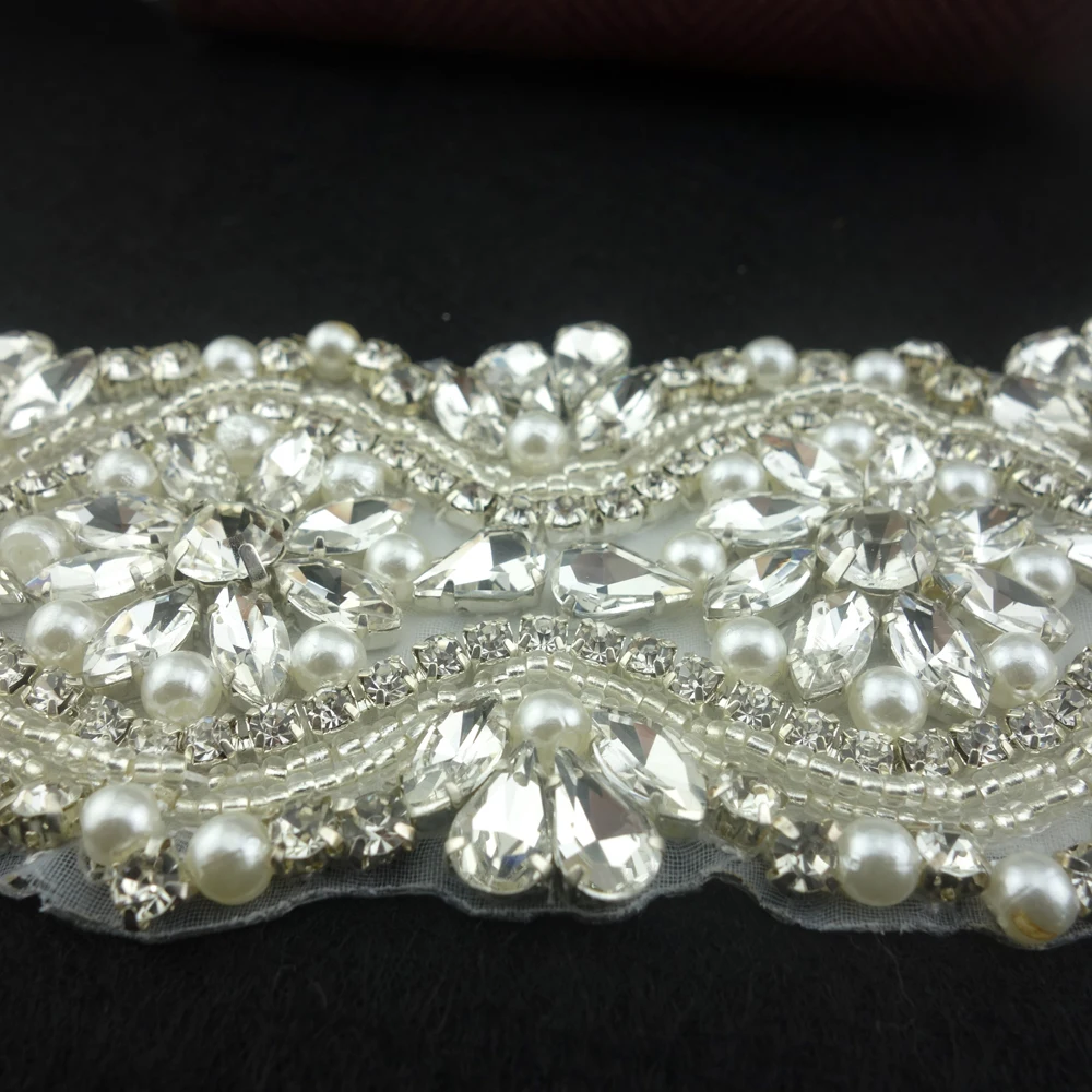 fashion diamond applique bridal sash handmade clear rhinestone and pearl wedding ribbon belt for bridal bridesmaid dress